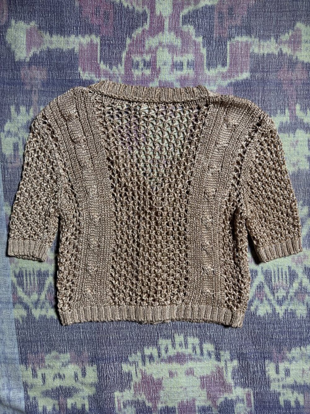 Vintage GAP Women Crochet Open Knit Short Sleeve Crop Cardigan Metallic Beige S - Picture 3 of 12